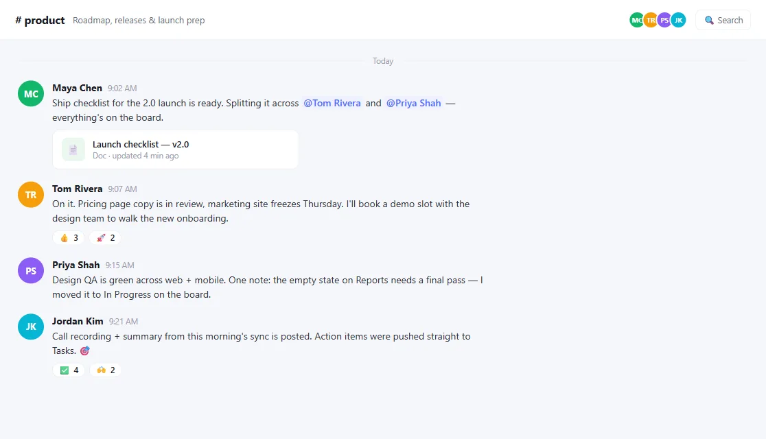 ViewSX Spaces and Messages interface with synthetic team data